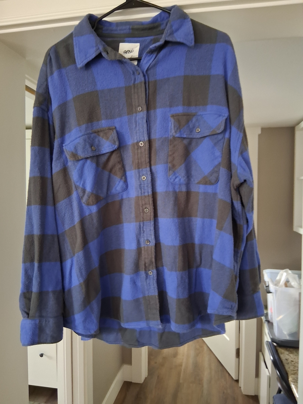 aerie Blue and Black Plaid Button-Down Flannel